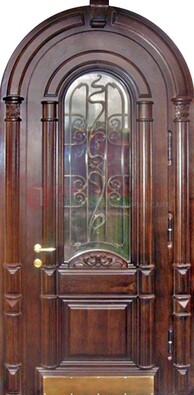Арочная металлическая дверь массив со стеклом и ковкой ДА-50 в Реутове