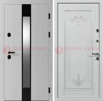 Белая металлическая дверь МДФ с зеркальной вставкой ДМ-324 в Реутове