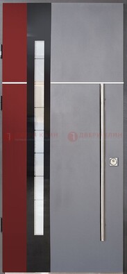 Серая входная дверь с порошковым окрасом и красной вставкой ДП-175 в Реутове