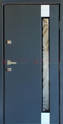 Серая стальная дверь с порошковым покрытием и стеклянной вставкой ДП-216 в Реутове