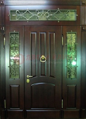 Стальная парадная дверь со стеклом и ковкой ДПР-18 для деревянного дома в Реутове
