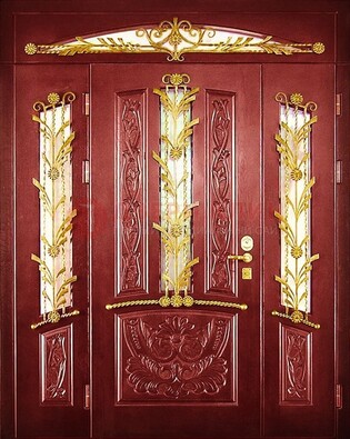 Бордовая железная парадная дверь со стеклом и ковкой ДПР-75 в Реутове