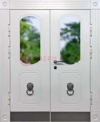 Белая двухстворчатая железная дверь со стеклом ДС-22 в Реутове