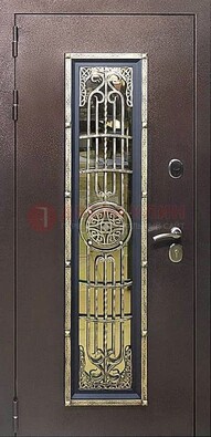 Железная дверь цвета медный антик со стеклом и ковкой ДСК-105 в Реутове