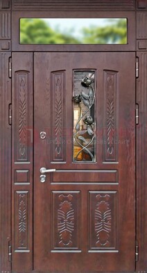 Коричневая железная дверь со стеклом и ковкой на улицу ДСК-127 в Иваново