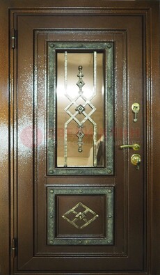 Теплая входная дверь со стеклом и ковкой разноцветной ДСК-13 в Реутове