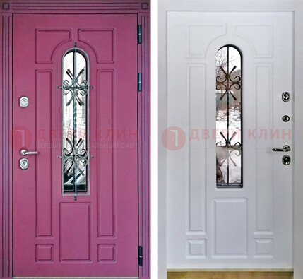 Розовая металлическая дверь со стеклом и ковкой ДСК-151 в Реутове