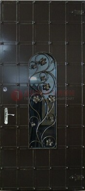 Высокая железная дверь со стеклом и ковкой ДСК-15 в Реутове