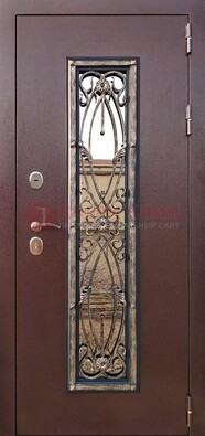 Коричневая стальная дверь порошок со стеклом и ковкой для дома ДСК-169 в Реутове