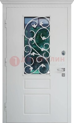 Белая металлическая дверь винорит со стеклом и ковкой ДСК-184 в Реутове