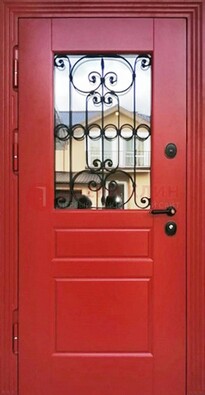 Красная железная дверь Винорит со стеклом и ковкой ДСК-205 в Реутове