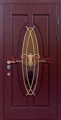 Бордовая стальная дверь Винорит со стеклом и ковкой ДСК-263 в Реутове