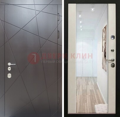 Железная коричневая дверь со светлой МДФ внутри и зеркалом ДЗ-125 в Реутове
