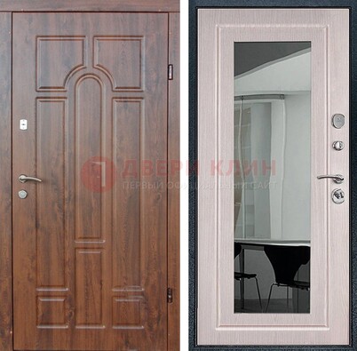 Входная коричневая дверь с МДФ Белый дуб и зеркалом ДЗ-126 в Реутове