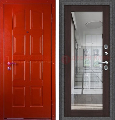 Красная металлическая дверь с МДФ и зеркалом ДЗ-136 в Реутове