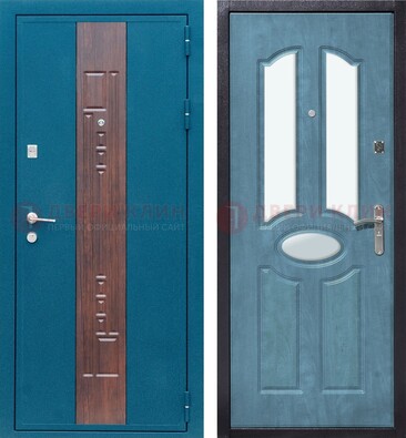 Голубая металлическая дверь МДФ с тремя зеркальными вставками ДЗ-78 в Реутове