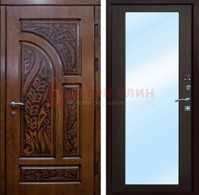 Коричневая входная дверь c узором и виноритом МДФ с зеркалом ДЗ-98 в Реутове