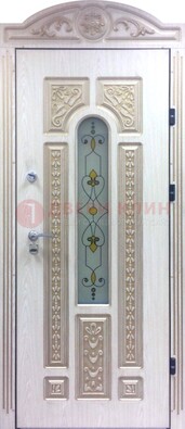 Белая железная дверь с МДФ и витражом ВЖ-26 в Реутове