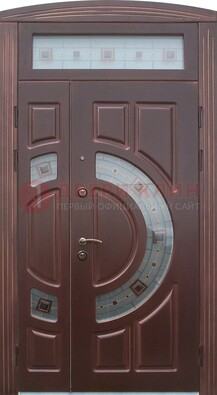 Коричневая двухстворчатая железная дверь с МДФ и витражом ВЖ-29 в Реутове