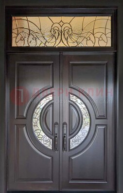 Чёрная двухстворчатая железная дверь с МДФ и витражом ВЖ-38 в Реутове