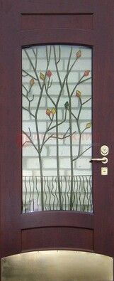 Бордовая стальная дверь с витражом и декоративным элементом ВЖ-3 в Реутове